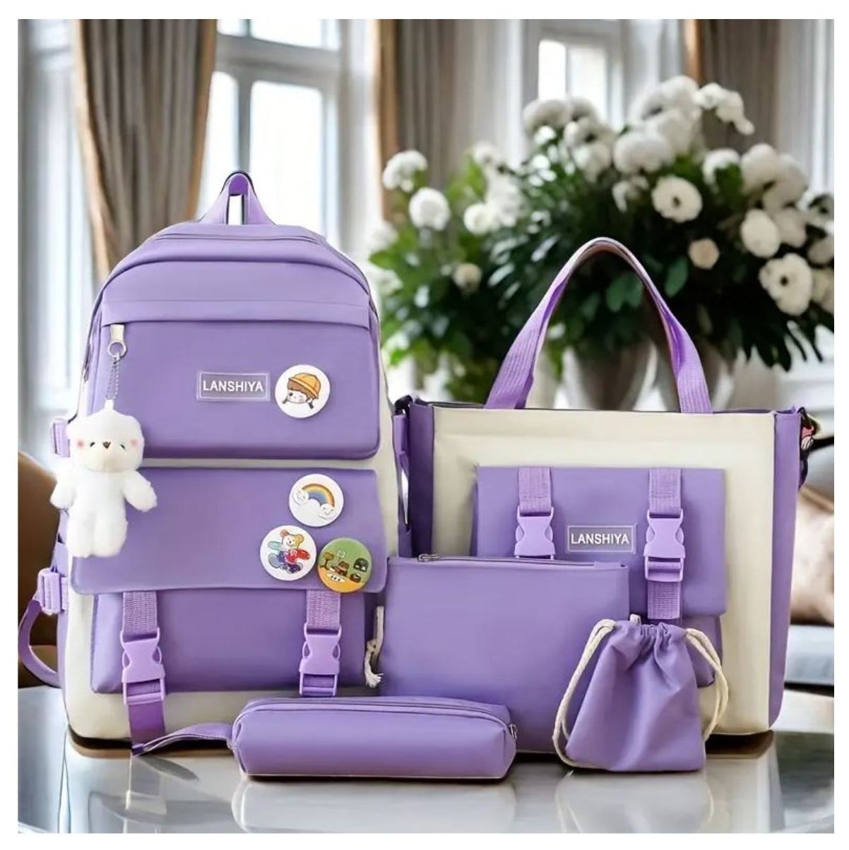 Mochila Escolar Coreana 5 en 1 – Combo de 5 Bolsos con Gran Capacidad, Diseño Juvenil y Peluche Decorativo