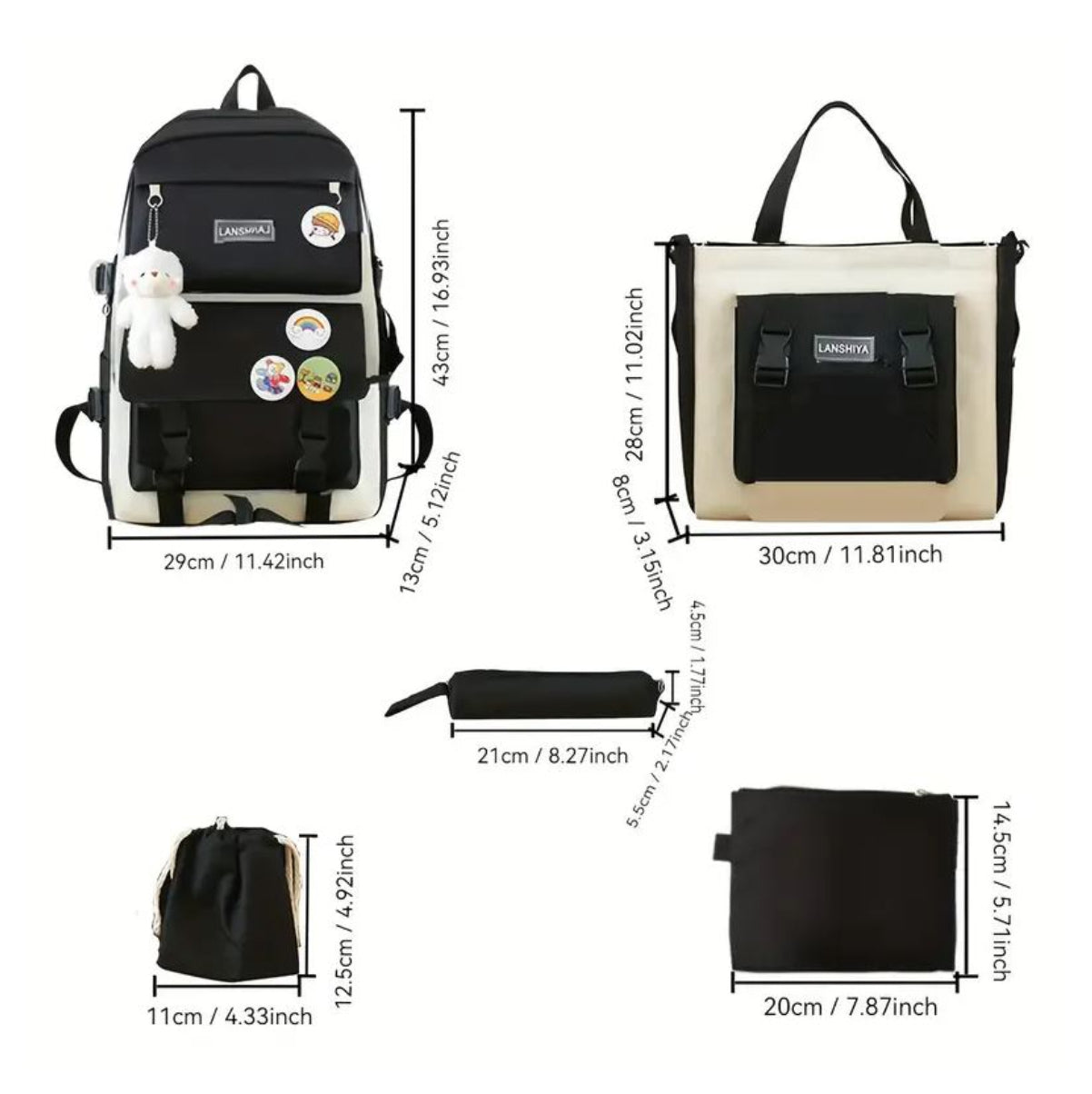 Mochila Escolar Coreana 5 en 1 – Combo de 5 Bolsos con Gran Capacidad, Diseño Juvenil y Peluche Decorativo