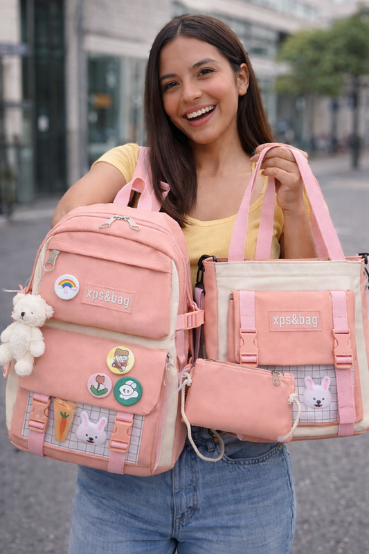 Mochila Escolar Coreana 5 en 1 – Combo de 5 Bolsos con Gran Capacidad, Diseño Juvenil y Peluche Decorativo